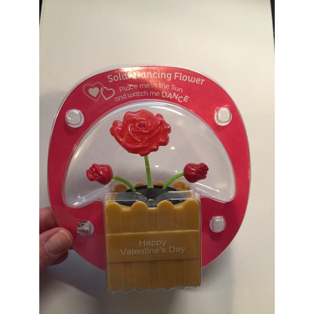 NEW Solar Powered Dancing Red Rose Flower Valentines Day Tan Pot Bobble Head Toy